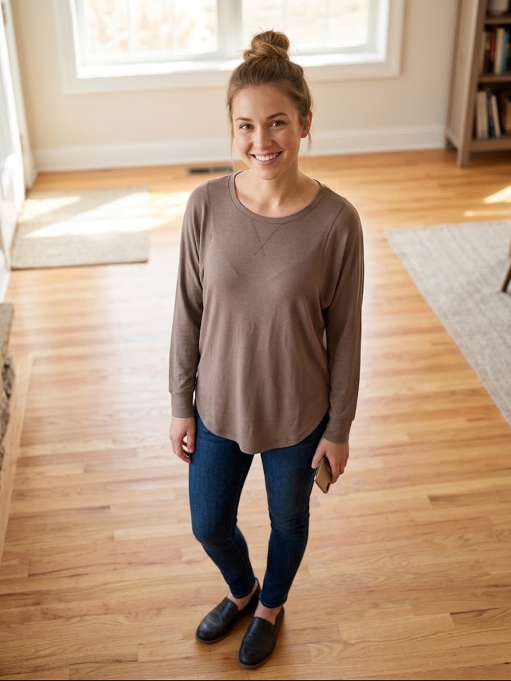 Freeloader Anthropologie Long Sleeve Crewneck Top Taupe high low medium cozy